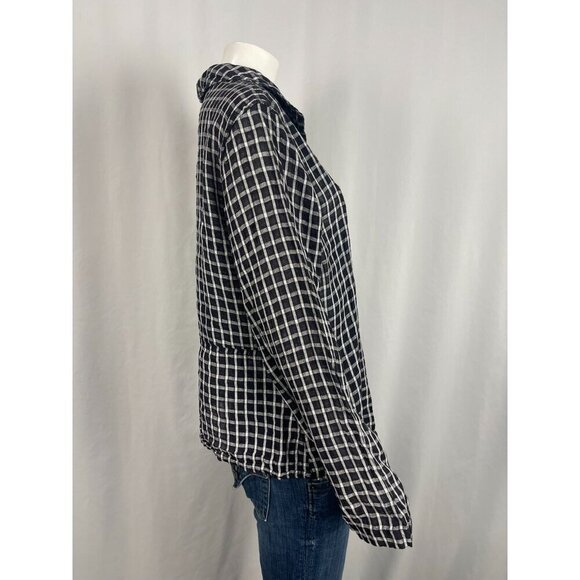 Flax Linen Long Sleeve Button Down Shirt Womens Small Plaid Black White - Picture 2 of 8